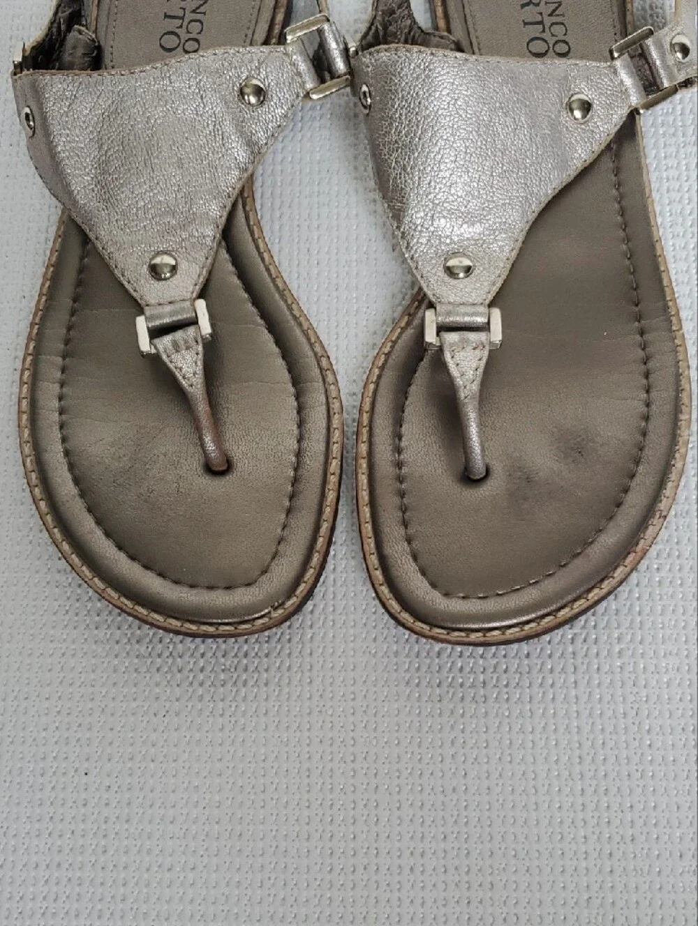 Franco Sarto Metallic Taupe Leather T-Strap Sandals